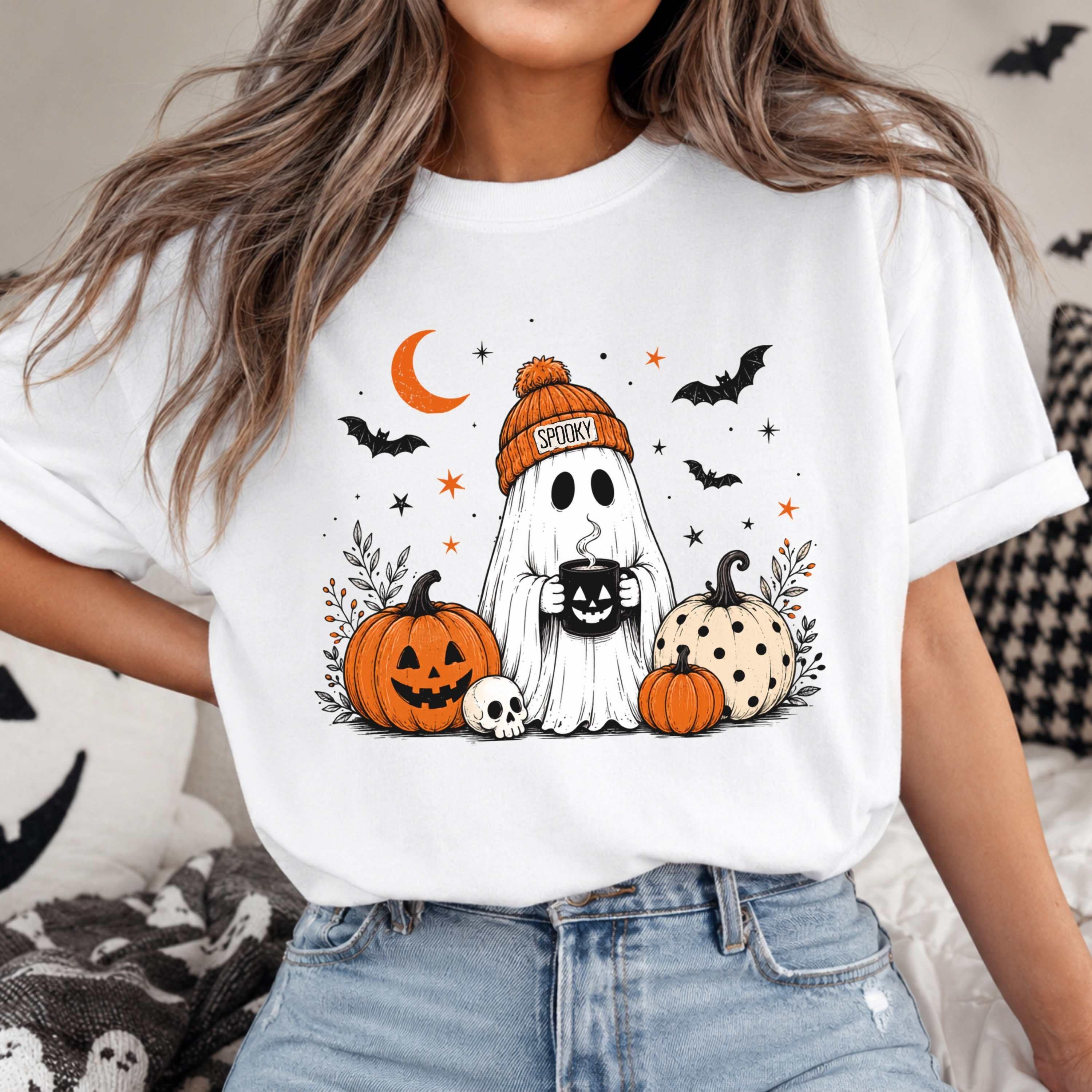 Spooky Ghost Coffee Halloween T-Shirt, Women's Funny Pumpkin Skull Graphic Tee, Autumn Vibes Casual Short Sleeve Top