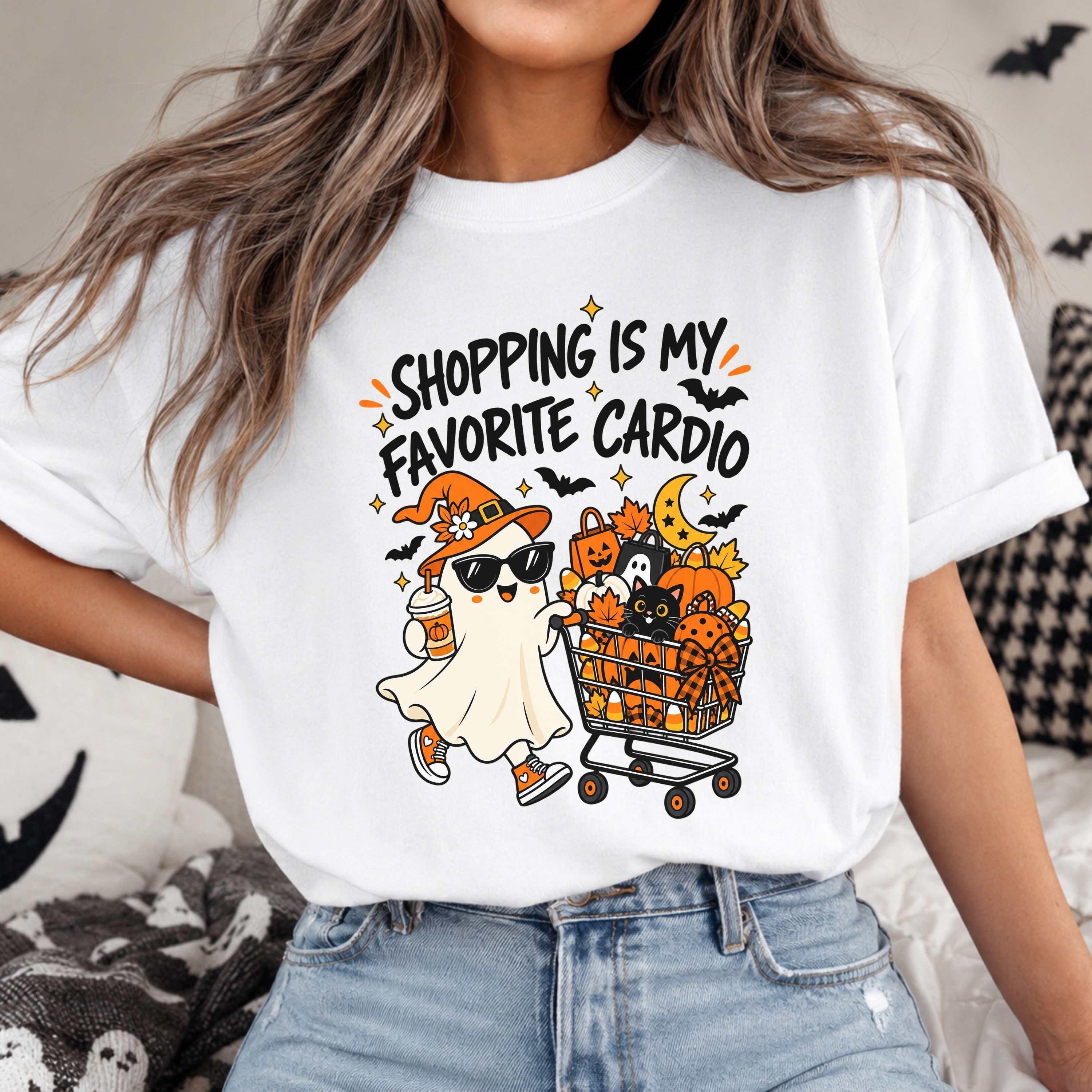 Shopping Is My Favorite Cardio Halloween T-Shirt, Funny Ghost Shopping Cart Graphic Tee, Women's Casual Crew Neck Short Sleeve Top, Spooky Season Gift