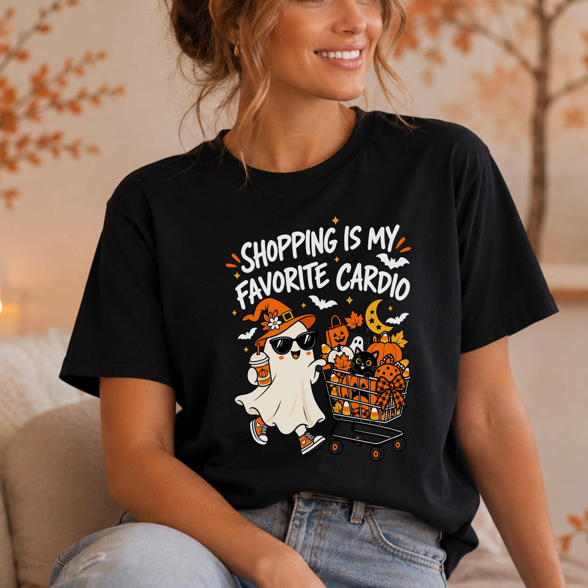 Shopping Is My Favorite Cardio Halloween T-Shirt, Funny Ghost Shopping Cart Graphic Tee, Women's Casual Crew Neck Short Sleeve Top, Spooky Season Gift