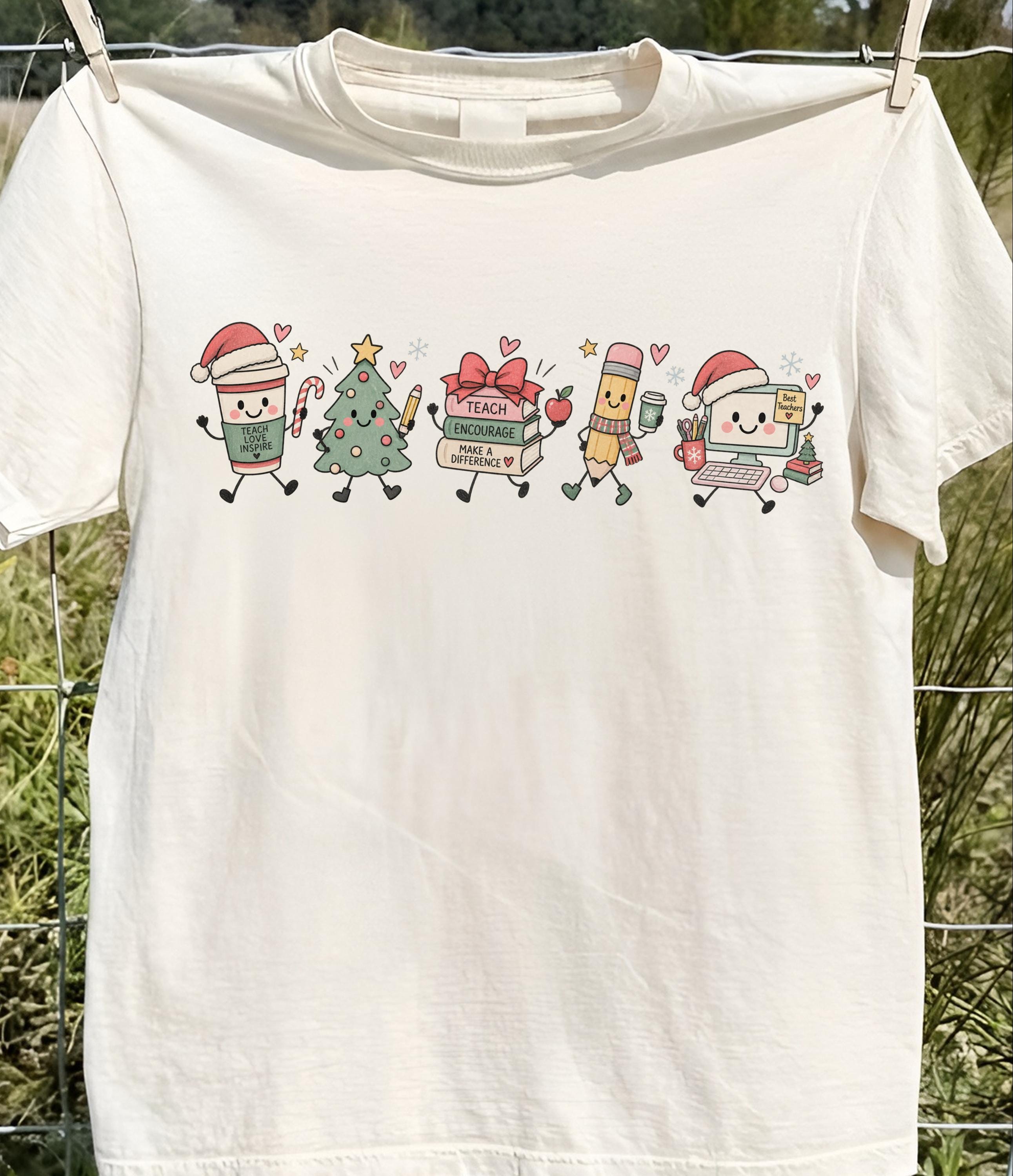 Christmas Teacher Doodle Graphic T-Shirt, Cute School Supplies Holiday Tee For Women, Teach Love Inspire Crew Neck Short Sleeve Top