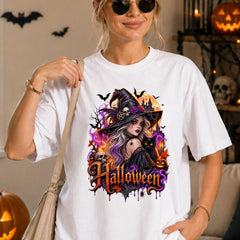 Halloween Witch T-Shirt for Women, Gothic Black Cat Pumpkin Graphic Tee, Spooky Skeleton Witch Bats Skull Jack O Lantern Casual Top