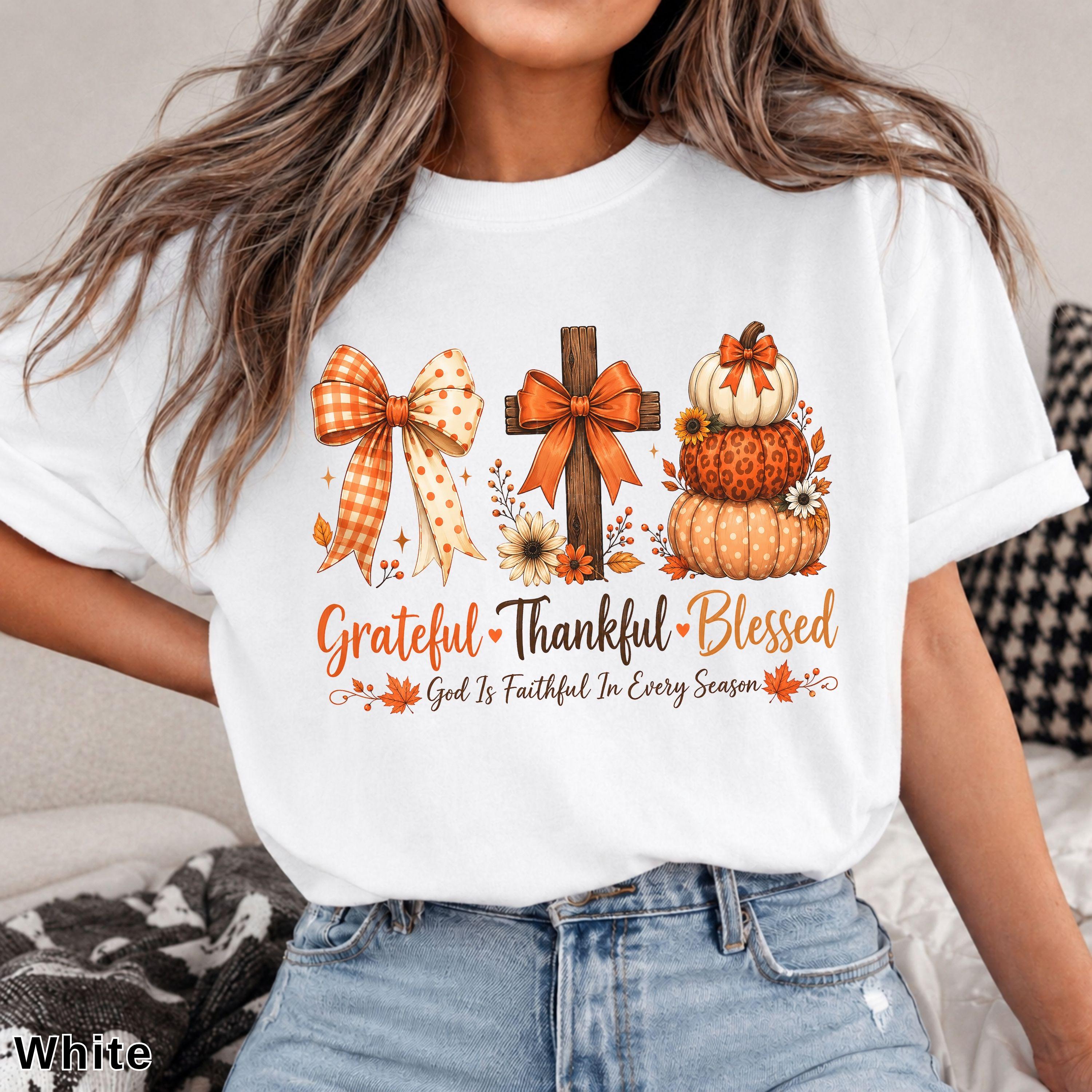 Grateful Thankful Blessed T-Shirt, Floral Fall Christian Women's Tee, “God Is Faithful In Every Season” Faith Pumpkin Graphic Top, Thanksgiving Gift