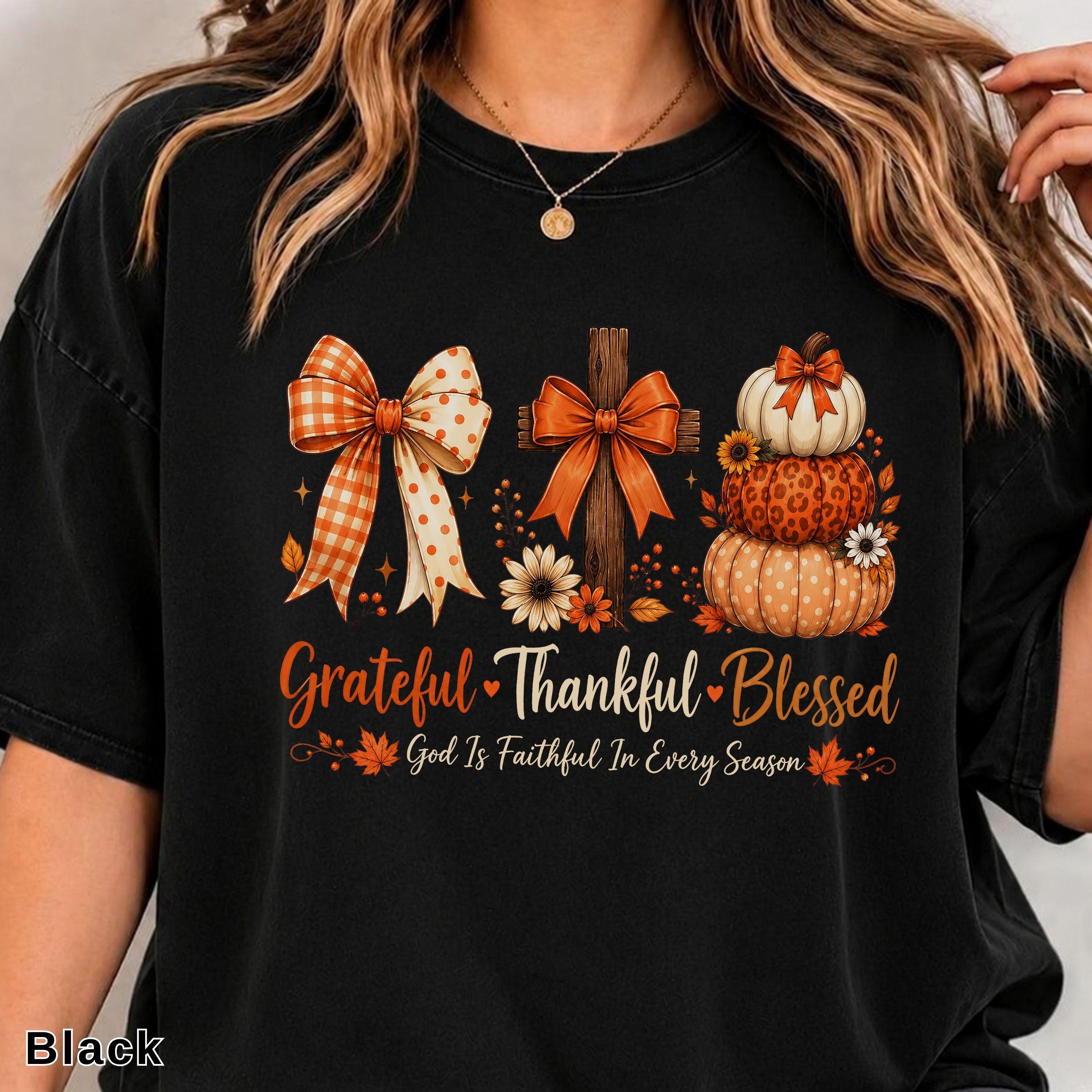 Grateful Thankful Blessed T-Shirt, Floral Fall Christian Women's Tee, “God Is Faithful In Every Season” Faith Pumpkin Graphic Top, Thanksgiving Gift