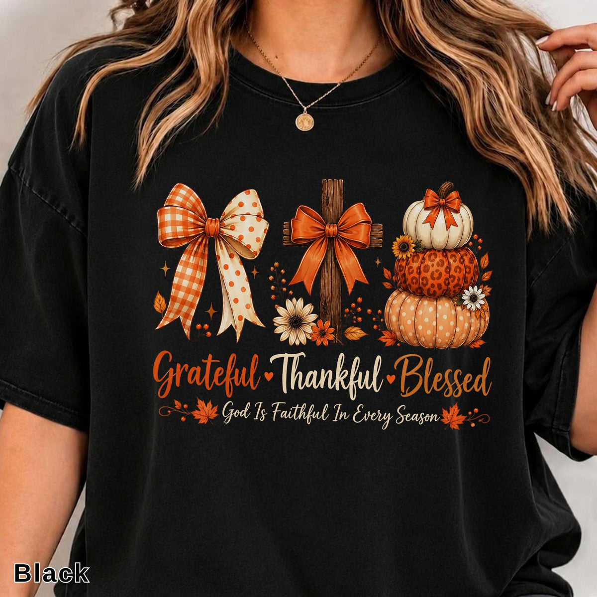 Grateful Thankful Blessed T-Shirt, Floral Fall Christian Women's Tee, “God Is Faithful In Every Season” Faith Pumpkin Graphic Top, Thanksgiving Gift