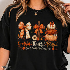 Grateful Thankful Blessed T-Shirt, Floral Fall Christian Women's Tee, “God Is Faithful In Every Season” Faith Pumpkin Graphic Top, Thanksgiving Gift