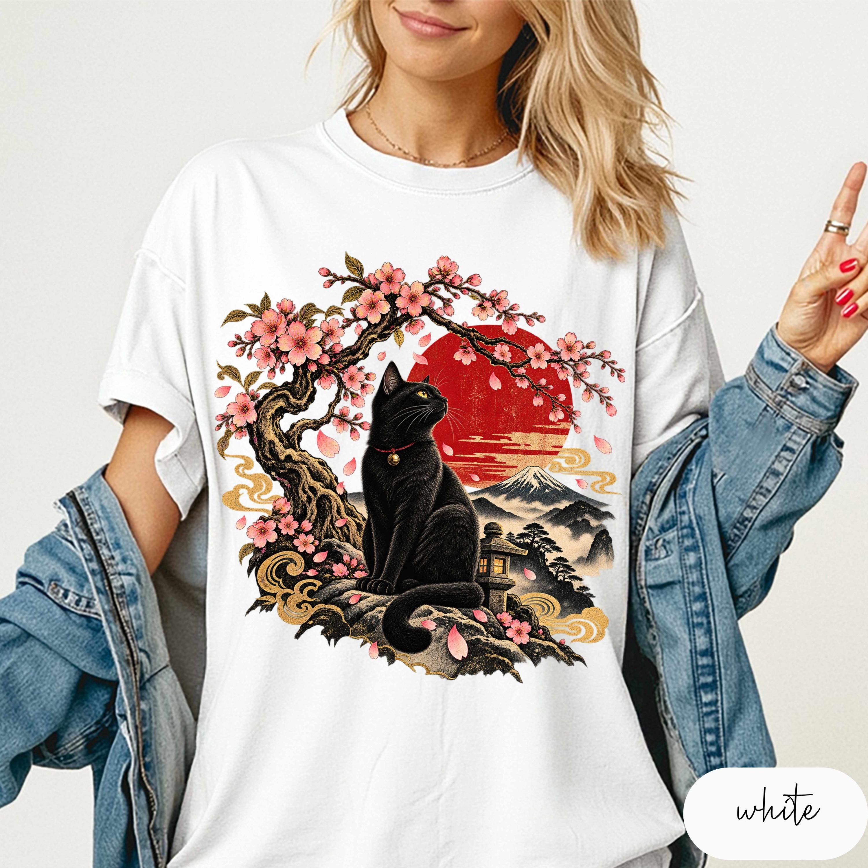 Women's Japanese Cherry Blossom Black Cat Graphic T-Shirt, Vintage Japan Art Style Tee, Cute Cat Lover Gift, Casual Crew Neck Short Sleeve Top