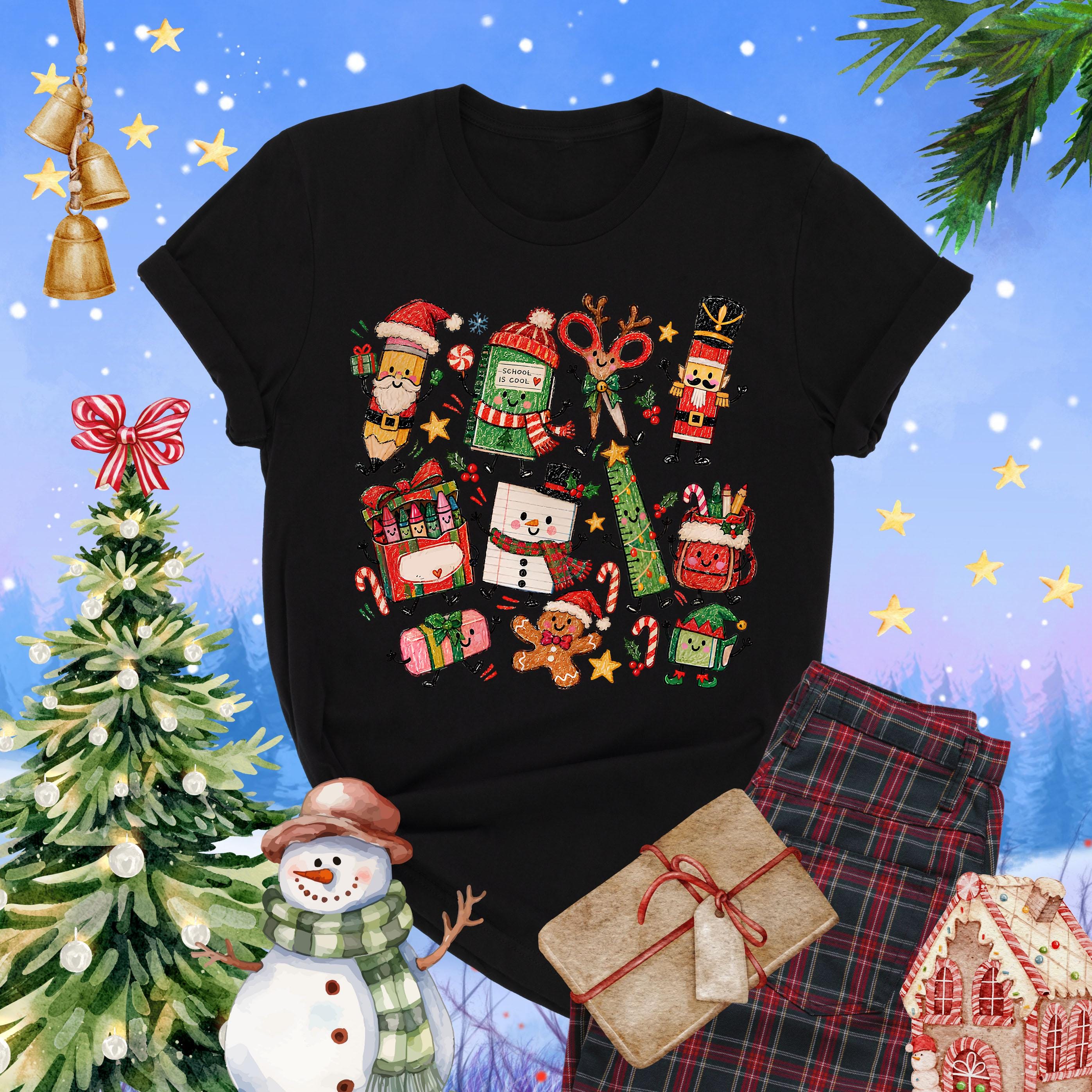 Christmas Teacher T-Shirt, Xmas School Doodle Tee, Merry Christmas Teacher Gift, Cute Holiday Top, Winter School Gift, School Supplies Tee