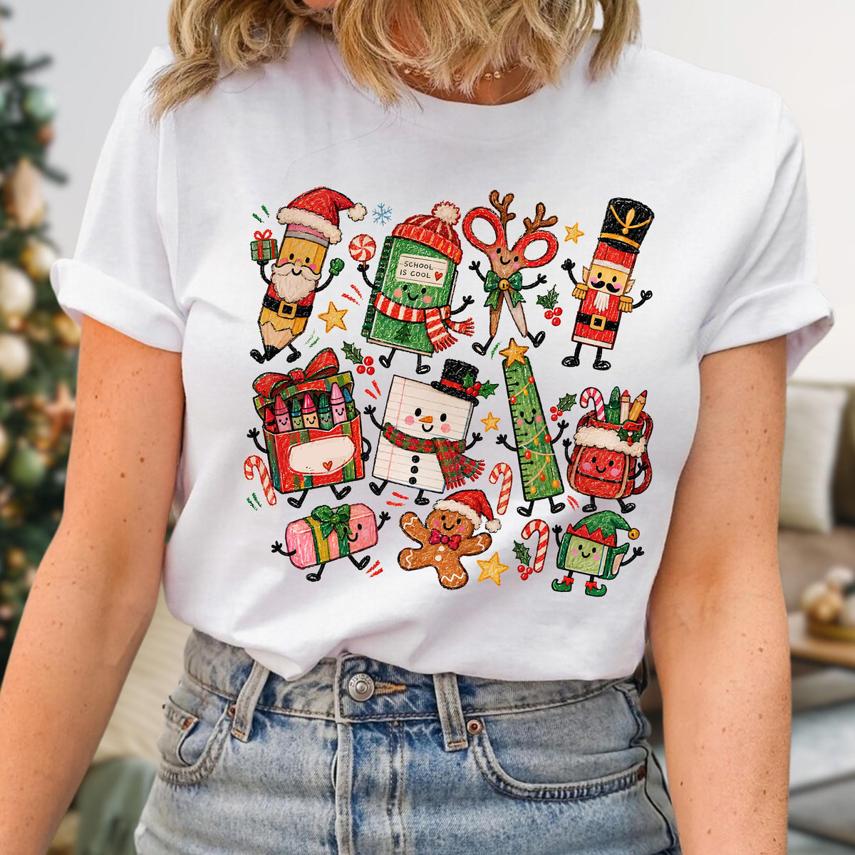 Christmas Teacher T-Shirt, Xmas School Doodle Tee, Merry Christmas Teacher Gift, Cute Holiday Top, Winter School Gift, School Supplies Tee