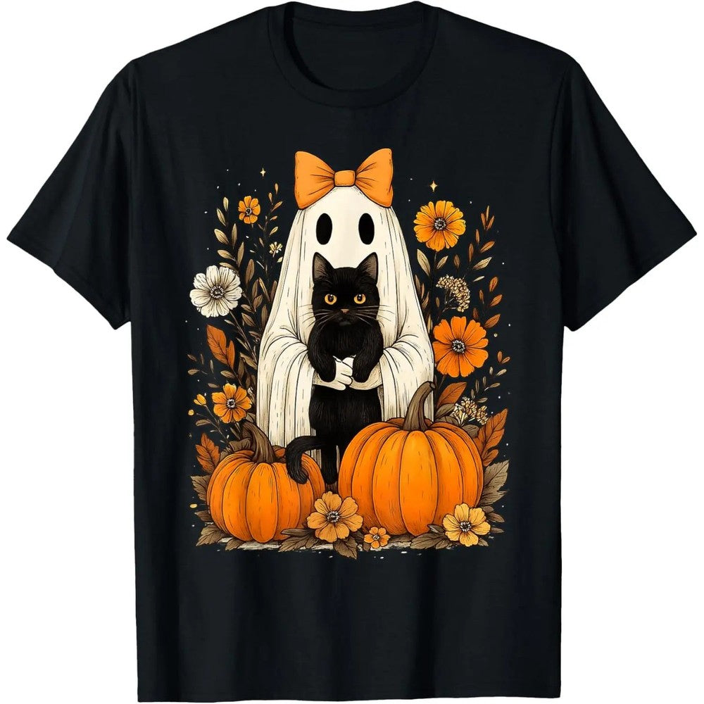 Retro Halloween Ghost Holding Black Cat Groovy Floral T-Shirt, Cute Spooky Pumpkin Flower Print, Women's Short Sleeve Crew Neck Casual Top, Fall Halloween Holiday Gift