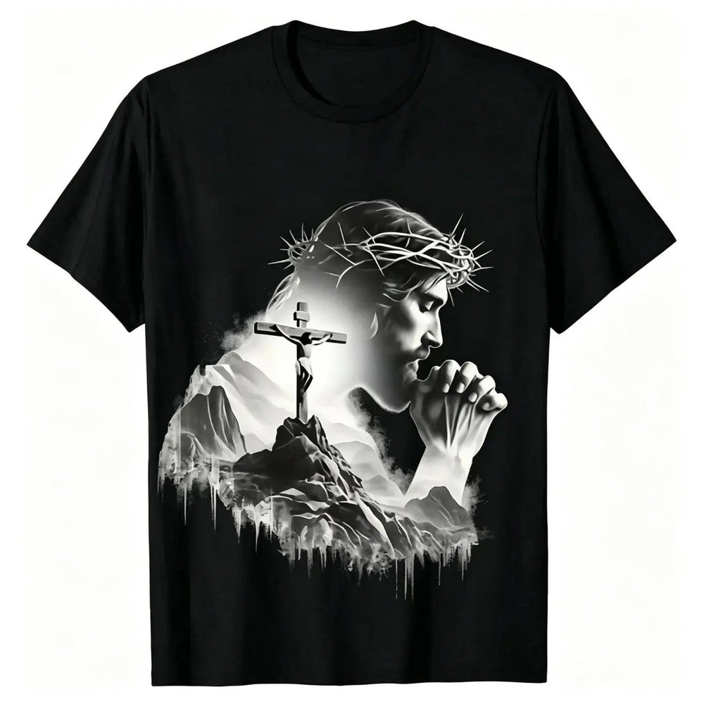 Jesus Praying Crown of Thorns Cross Mountain Graphic T-Shirt, Christian Faith Inspirational Print, Unisex Short Sleeve Crew Neck Tee, Religious Casual Gift Top