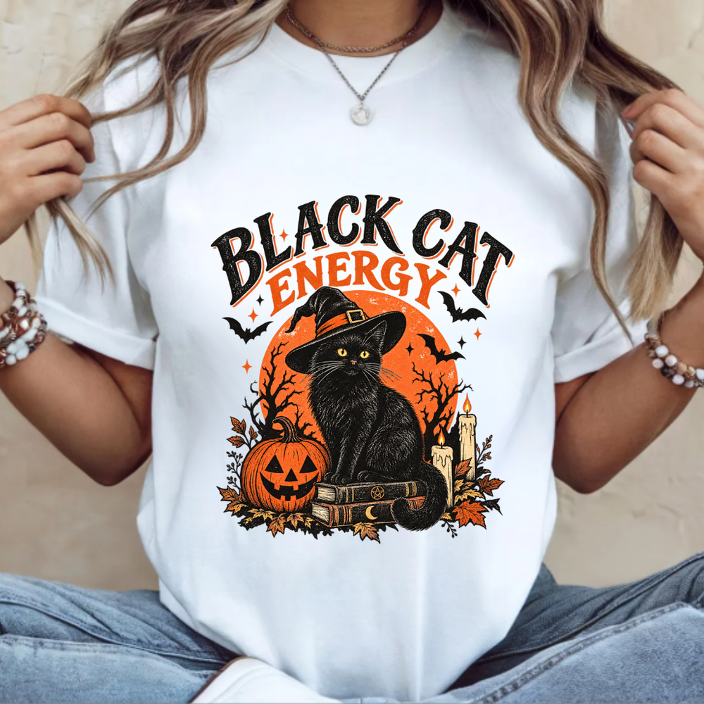 Cute Spooky Black Cat Tee Witch Hat Pumpkin Graphic Shirt Sweet Retro 90s Boho