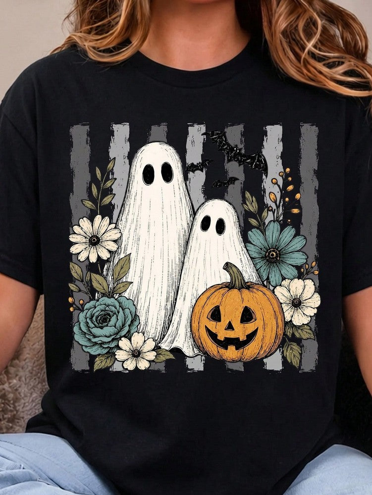 Vintage Floral Ghost Halloween Graphic T-Shirt, Cute Ghost Pumpkin Bat Fall Print, Halloween Women's Short Sleeve Crew Neck Tee