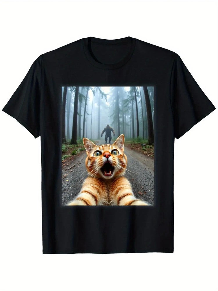 Funny Cat Selfie Graphic T-Shirt, Scary Forest Road Giant Surprise Print, Men's Women's Short Sleeve Crew Neck Tee, Casual Novelty Gift Top