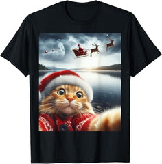 Funny Christmas Cat With Santa Cat Selfie with Santa T-Shirt, Unisex Tee