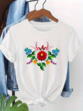 Women's Floral Print T-Shirt, Casual Summer Crew Neck Short Sleeve Tee, Regular Fit Daily Wear Top