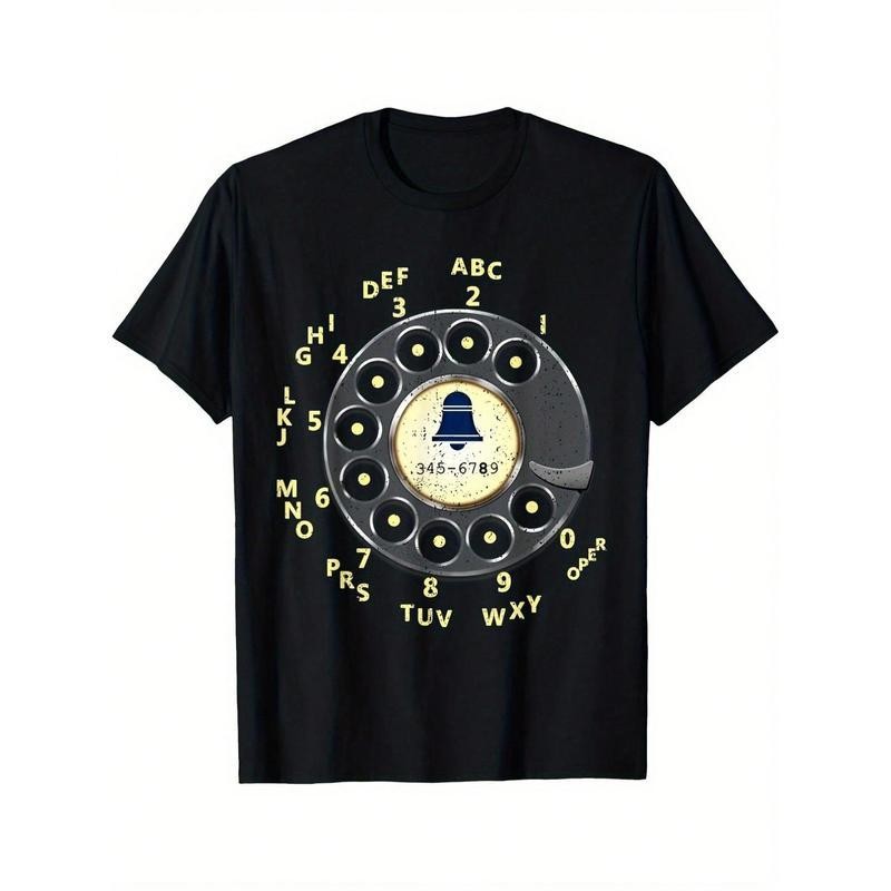 Vintage Dial Phone Graphic T-Shirt, Retro Rotary Telephone Bell Print, Old School Telephone Number Design, Unisex Short Sleeve Crew Neck Tee