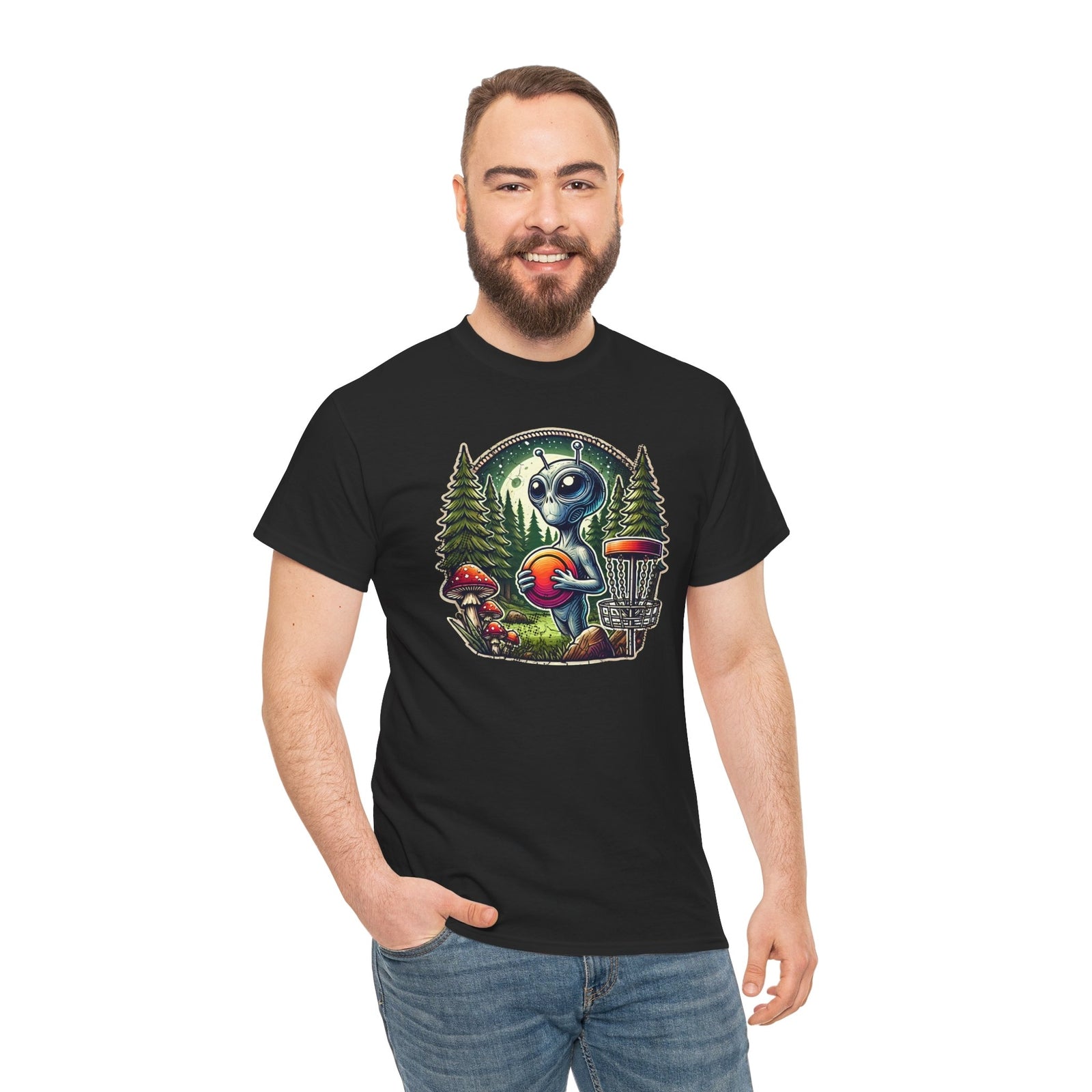Disc Golf Graphic T Shirt Alien Forest Mushroom Vintage Short Sleeve Tee