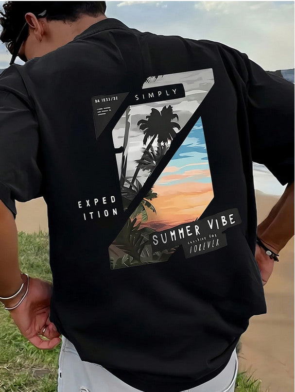Men's Beach T Shirt Summer Casual Graphic Tee Loose Fit Short Sleeve Vacation