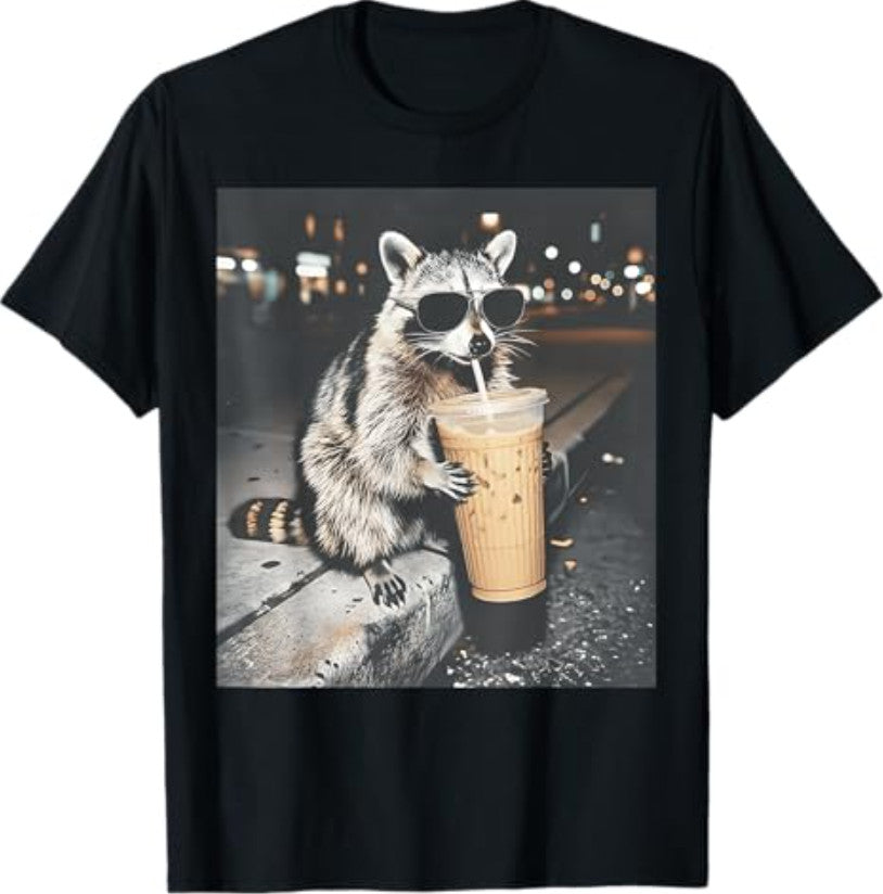 Raccoon Drinking Iced Coffee Funny Animal Meme T-Shirt
