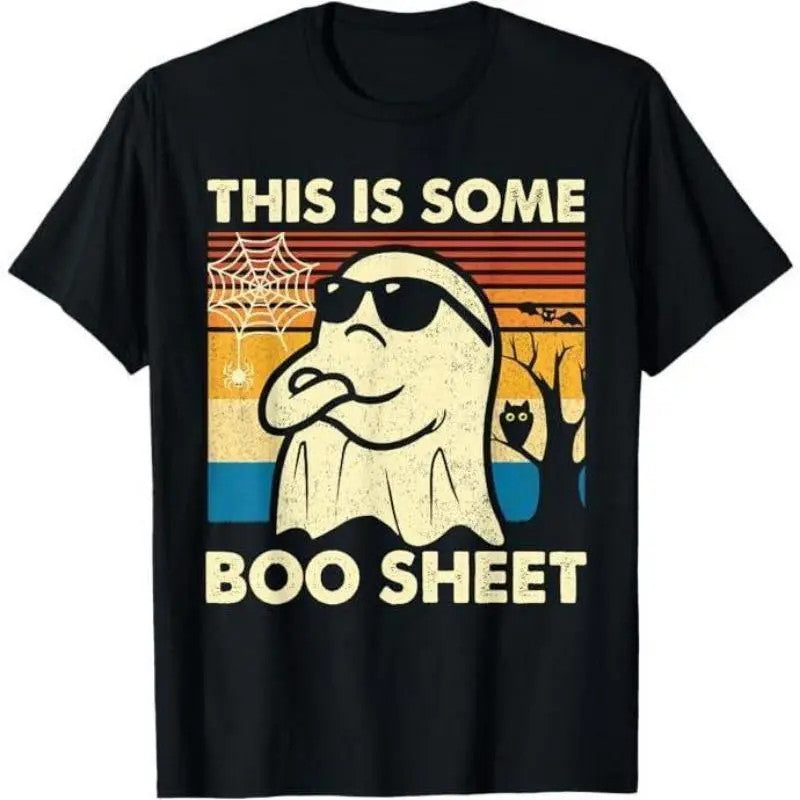 This Is Some Boo Sheet Halloween T-Shirt, Men's Retro Ghost Graphic Tee, Funny Spooky Season Crew Neck Short Sleeve Top, Halloween Party Casual Wear