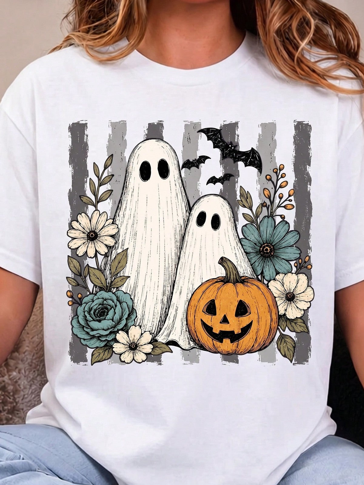 Vintage Floral Ghost Halloween Graphic T-Shirt, Cute Ghost Pumpkin Bat Fall Print, Halloween Women's Short Sleeve Crew Neck Tee
