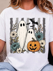 Vintage Floral Ghost Halloween Graphic T-Shirt, Cute Ghost Pumpkin Bat Fall Print, Halloween Women's Short Sleeve Crew Neck Tee