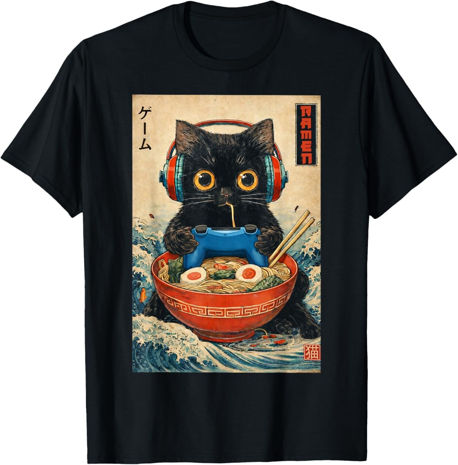 Retro Cat Ramen Japanese Funny Graphic Tee Kawaii Cat Unisex T-Shirt 100% Cotton