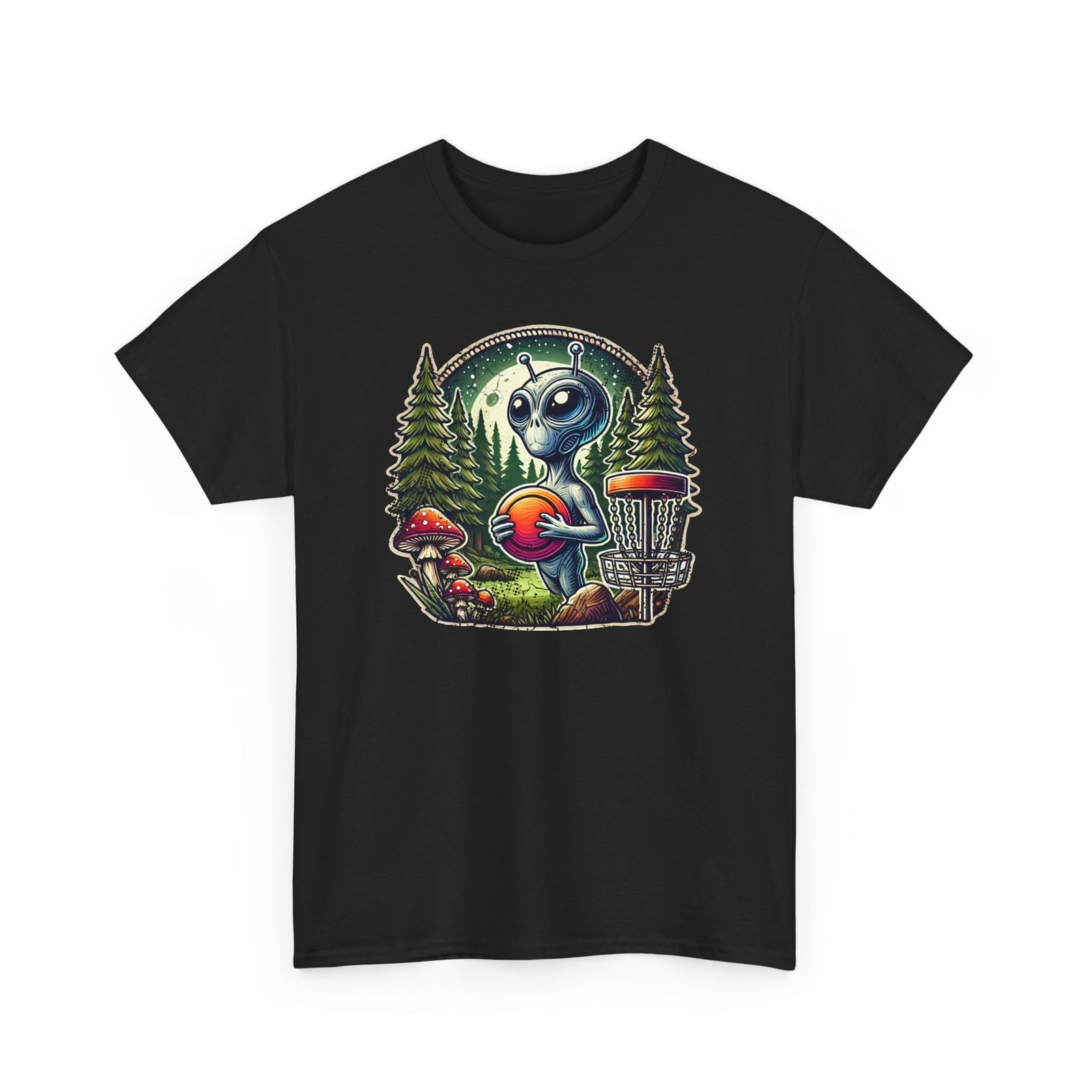 Disc Golf Graphic T Shirt Alien Forest Mushroom Vintage Short Sleeve Tee