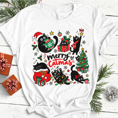 Funny Black Cat Christmas Graphic Tshirt, Festive Holiday Short Sleeve Top for Men Women，Family Christmas Outfits
