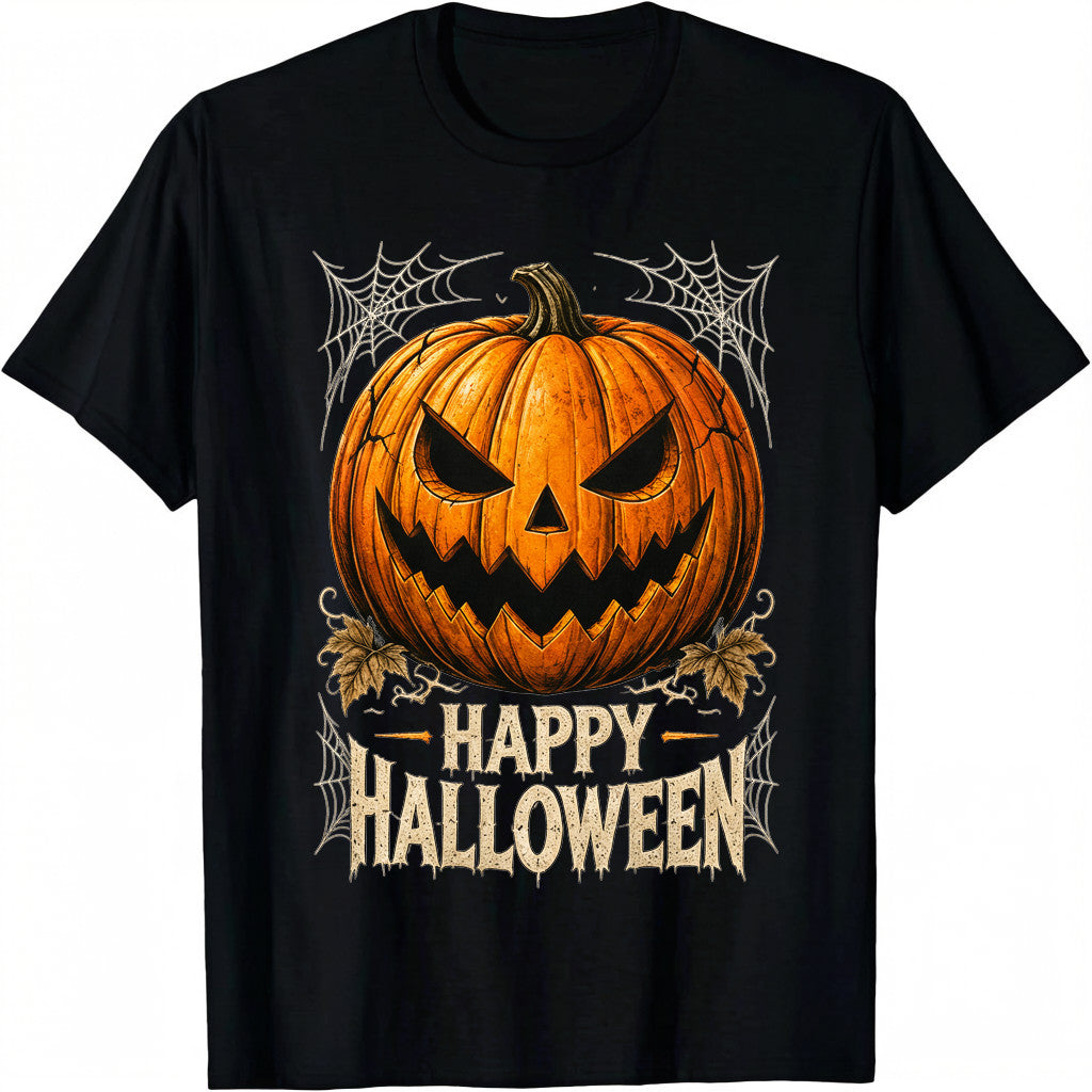 Happy Halloween Jack O Lantern T-Shirt, Scary Pumpkin Spider Web Graphic Tee, Unisex Casual Crew Neck Short Sleeve Top, Halloween Party Gift