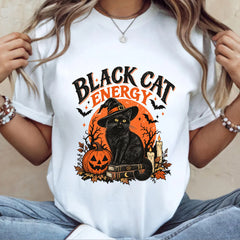 Cute Spooky Black Cat Tee Witch Hat Pumpkin Graphic Shirt Sweet Retro 90s Boho