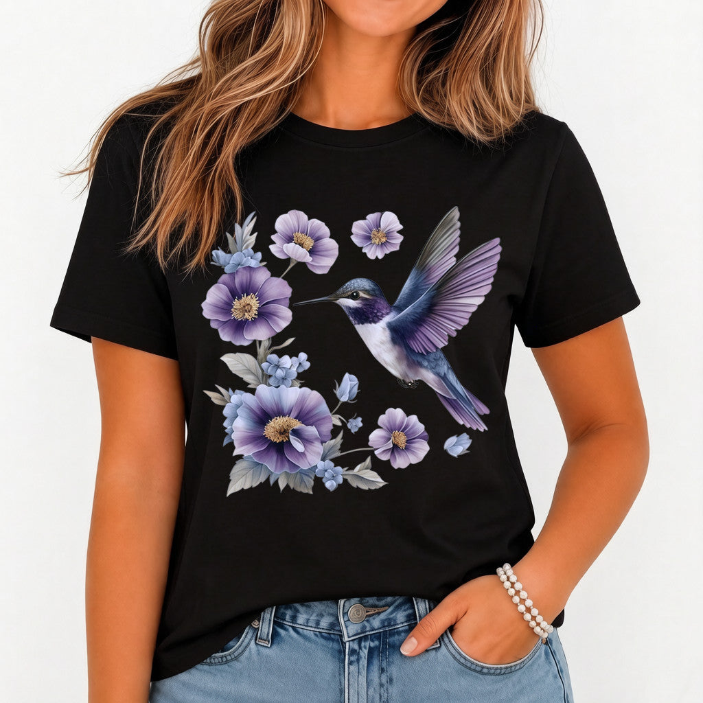 Hummingbird Floral Graphic Women’s T-Shirt Purple Flower Bird Nature Casual Tee