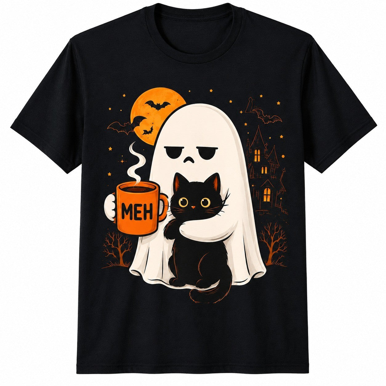 Spooky Ghost Holding Black Cat Coffee Lover Funny Halloween T-Shirt