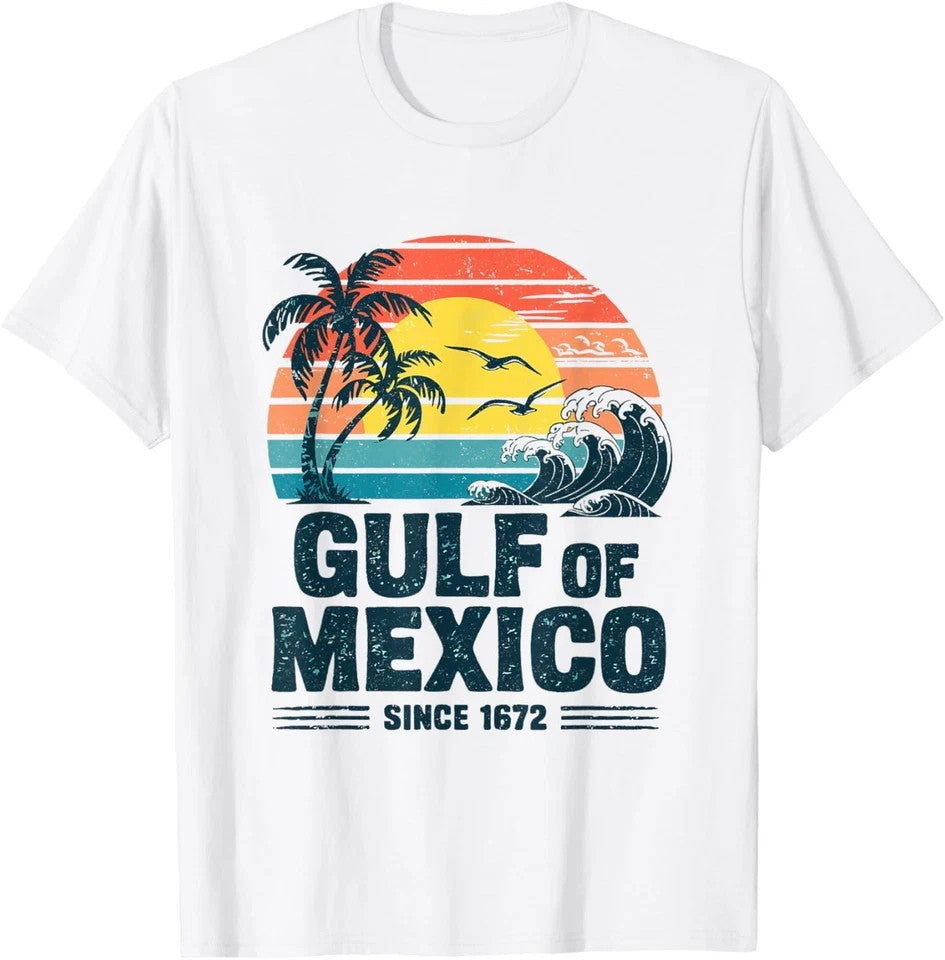 Gulf of Mexico Since 1672 Vintage Beach Graphic T-Shirt, Retro Sun Waves Palm Tree Print Crew Neck Short Sleeve Casual Summer Tee